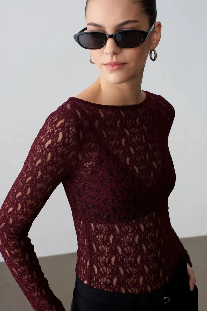 Dilvin Burgundy Red DILVIN Slim Fit Lace Boat Neck Blouse for Women | Best Price UAE