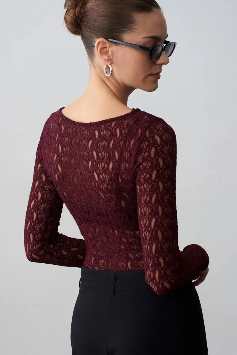 Dilvin Burgundy Red DILVIN Slim Fit Lace Boat Neck Blouse for Women | Best Price UAE