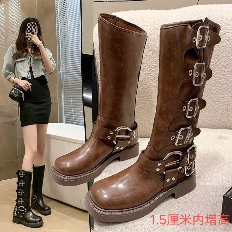 2025 Versatile Street Retro Women'S Boots Leather Thick Heel High Boots Square Toe Knight Boots Brown High Fashion Boots - Image 4