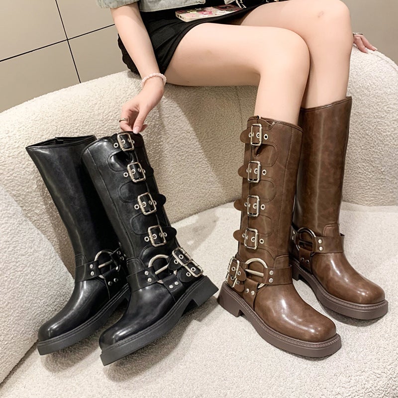 2025 Versatile Street Retro Women'S Boots Leather Thick Heel High Boots Square Toe Knight Boots Brown High Fashion Boots - Image 2