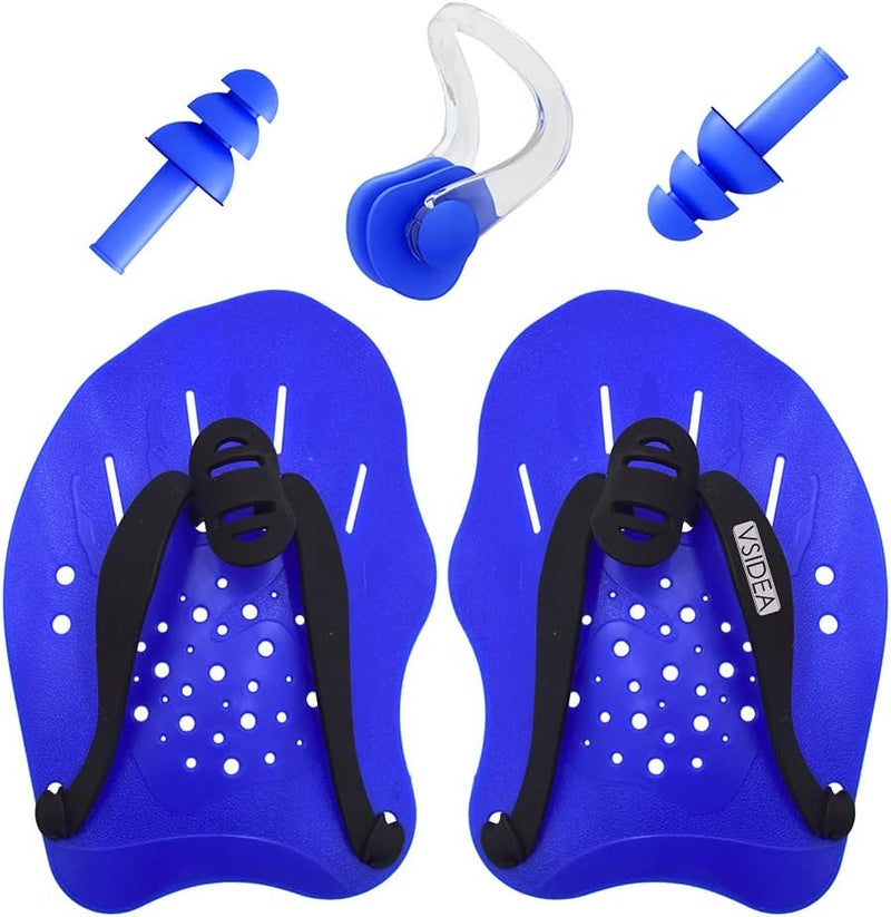 vsidea Swim Training Hand Paddles with Ear Plugs and Nose Clip, Adjustable Straps Contour Swimming Paddles for Women Men and Children Professional Swimming Accessories - Image 1