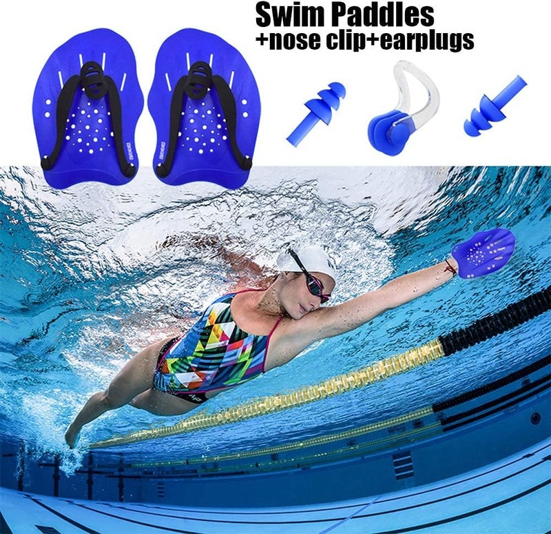 vsidea Swim Training Hand Paddles with Ear Plugs and Nose Clip, Adjustable Straps Contour Swimming Paddles for Women Men and Children Professional Swimming Accessories - Image 2