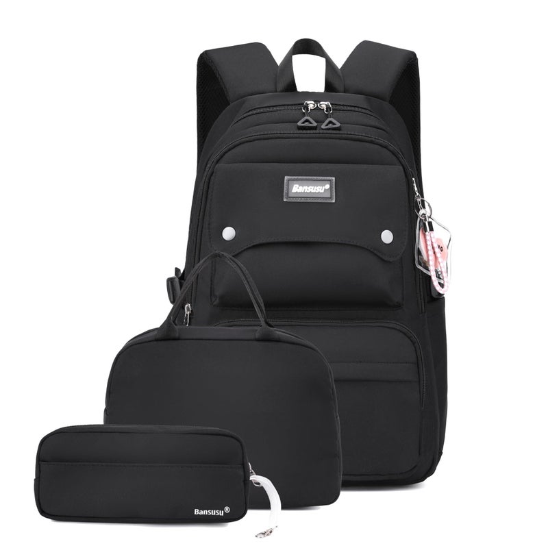 Bansusu 3Pcs Black Backpack for Teen Girls with Lunchbox School Bag Girls Backpack Bookbag for Kids Black - Image 2