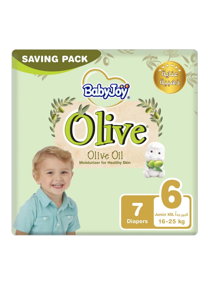 BabyJoy Olive Tape Style Diapers, 7 Pieces Saving Pack, Junior XXL Size 6, 16 to 25kg - Breathable, Moisturizes, Compressed Air Channel, Waist Stretch