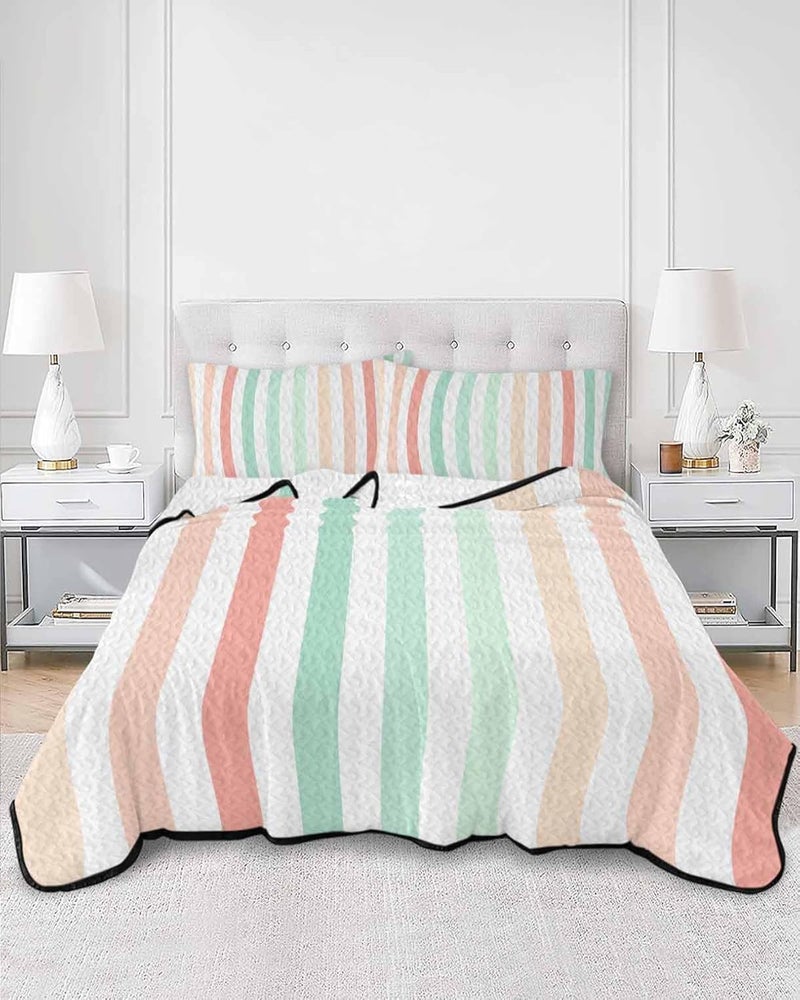 Quilts Twin XL Size Bedding Set, Coral Cyan Stripe Lightweight Quilted Comforter, Geometric Grey White Vertical Striped Soft Reversible Bedspread Coverlet with Pillow Covers for All Season, 68" x 98" - Image 3
