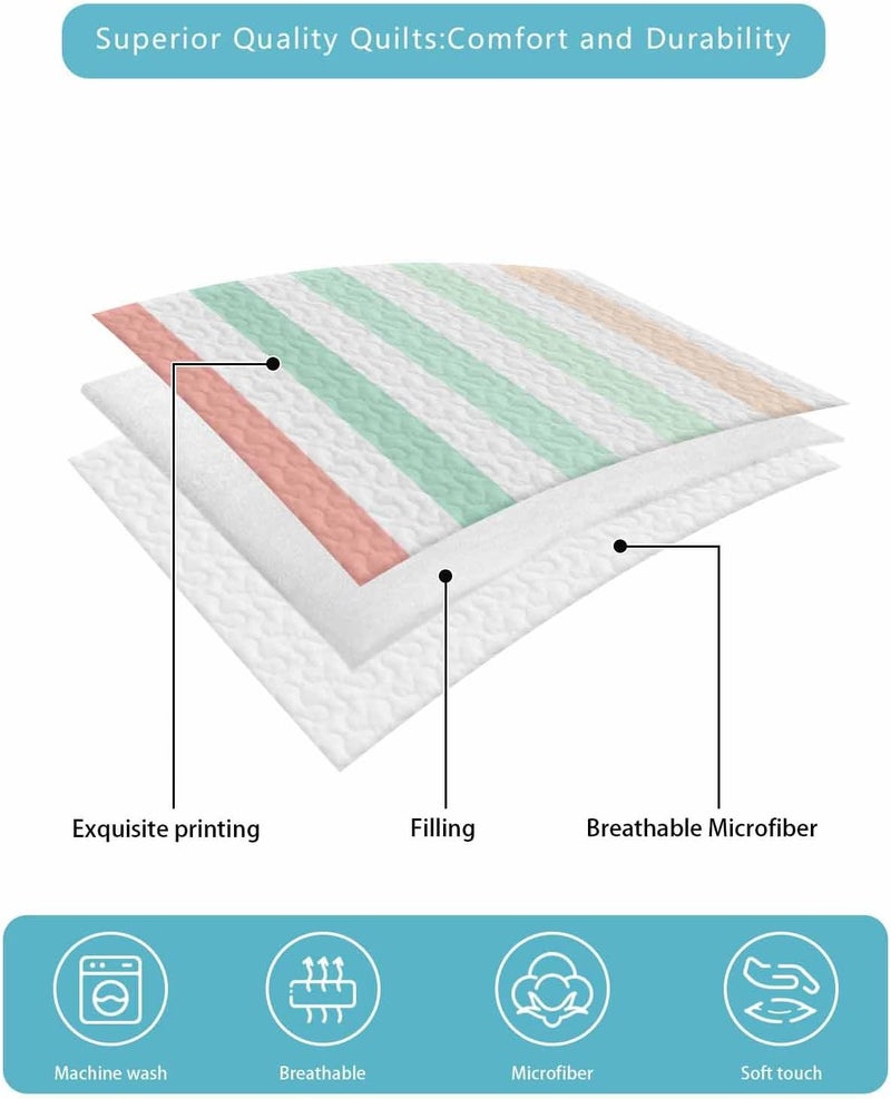 Quilts Twin XL Size Bedding Set, Coral Cyan Stripe Lightweight Quilted Comforter, Geometric Grey White Vertical Striped Soft Reversible Bedspread Coverlet with Pillow Covers for All Season, 68" x 98" - Image 5