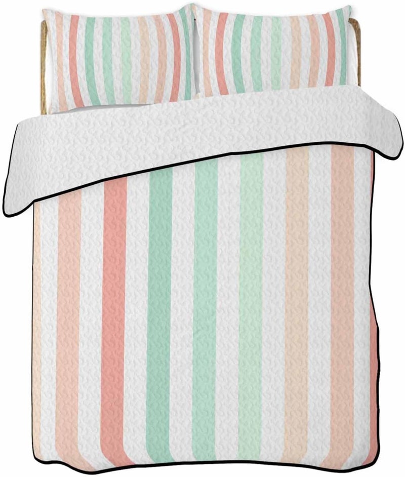 Quilts Twin XL Size Bedding Set, Coral Cyan Stripe Lightweight Quilted Comforter, Geometric Grey White Vertical Striped Soft Reversible Bedspread Coverlet with Pillow Covers for All Season, 68" x 98" - Image 1
