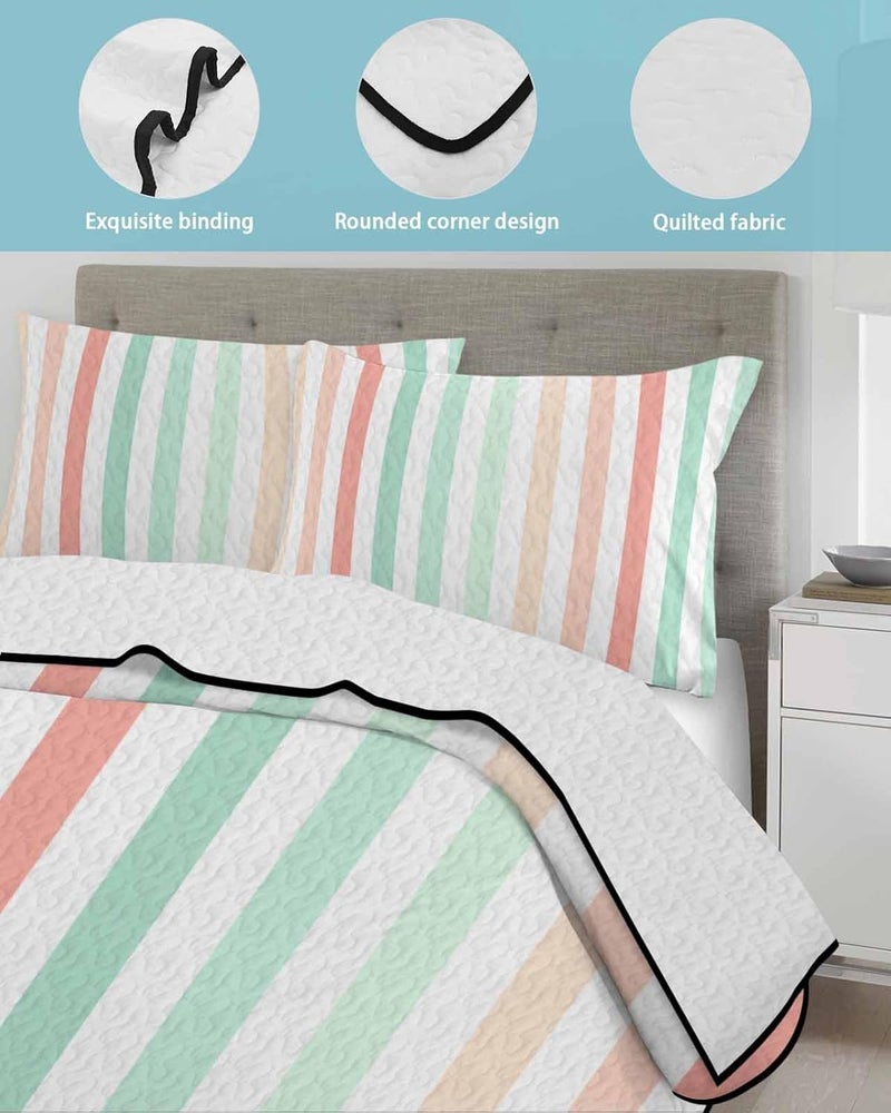 Quilts Twin XL Size Bedding Set, Coral Cyan Stripe Lightweight Quilted Comforter, Geometric Grey White Vertical Striped Soft Reversible Bedspread Coverlet with Pillow Covers for All Season, 68" x 98" - Image 4