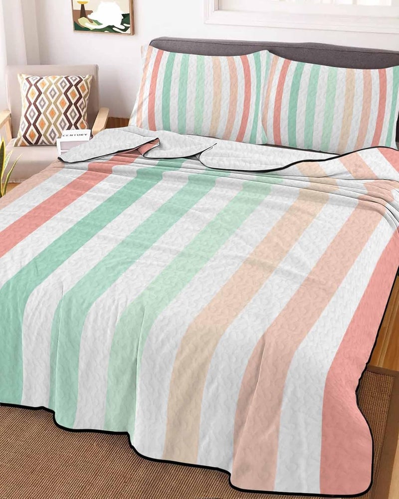 Quilts Twin XL Size Bedding Set, Coral Cyan Stripe Lightweight Quilted Comforter, Geometric Grey White Vertical Striped Soft Reversible Bedspread Coverlet with Pillow Covers for All Season, 68" x 98" - Image 2