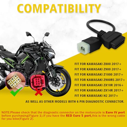lydesor OBD Adapter Fit for Kawasaki Motorcycle 6pin to 16pin Obdii Diagnostic Tool Cable Connector,Fit for Z900RS/Z800/Z900/Z1000/ZX10R/ZX14R/H2 Motorbike,Work with ELM327 OBD2 Scanner Code Reader - Image 2