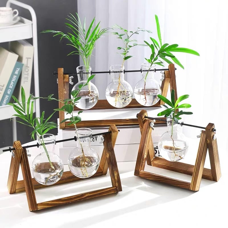 Kingbuy Plant Terrarium Propagation Station - 3 Glass Bulb Vases with Retro Wooden Stand Boho Desktop Planter for Hydroponics Home Garden Indoor Home Office Decor Unique Gifts for Women & Plant Lovers - Image 3