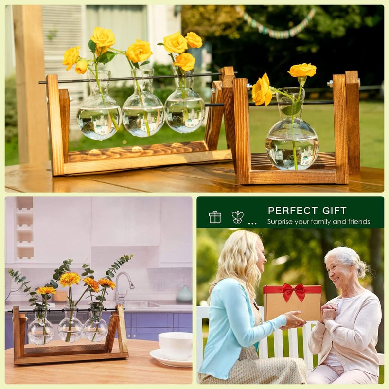 Kingbuy Plant Terrarium Propagation Station - 3 Glass Bulb Vases with Retro Wooden Stand Boho Desktop Planter for Hydroponics Home Garden Indoor Home Office Decor Unique Gifts for Women & Plant Lovers - Image 4