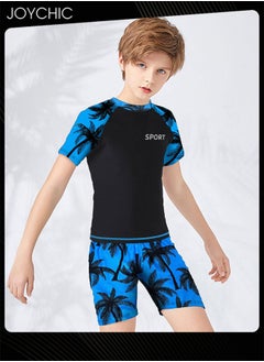 Joychic 2-piece Boys Summer Casual Leaf Pattern Swimsuits Kids Sun Protection Quick-drying and Breathable Short Sleeved Swimwear Separate Top and Bottom Set  - Image 2