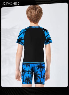 Joychic 2-piece Boys Summer Casual Leaf Pattern Swimsuits Kids Sun Protection Quick-drying and Breathable Short Sleeved Swimwear Separate Top and Bottom Set  - Image 3