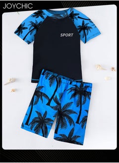 Joychic 2-piece Boys Summer Casual Leaf Pattern Swimsuits Kids Sun Protection Quick-drying and Breathable Short Sleeved Swimwear Separate Top and Bottom Set  - Image 4