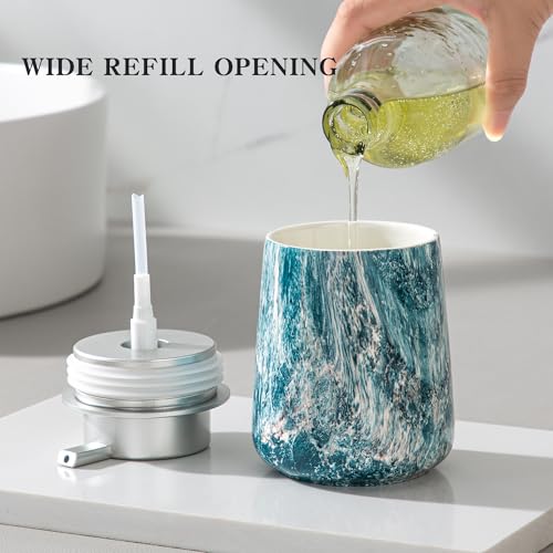 Enra Ceramic Hand Soap Dispenser,12 oz Blue Lotion Dispenser Bathroom Liquid Refillable Dish Soap Dispenser for Bathroom Kitchen with Easy-to-Press Silver Pump (Blue Liquid Type) - Image 3