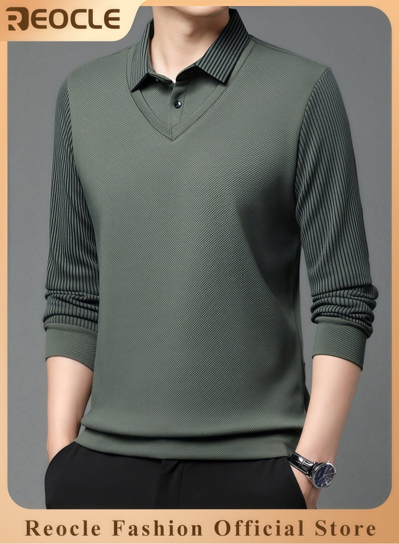 ريوكل قميص رجالي مخطط محبوك مناسب للخريف والشتاء، قميص رسمي وغير رسمي، مكون من قطعتين، بأكمام طويلة دافئ، أخضر - Image 1