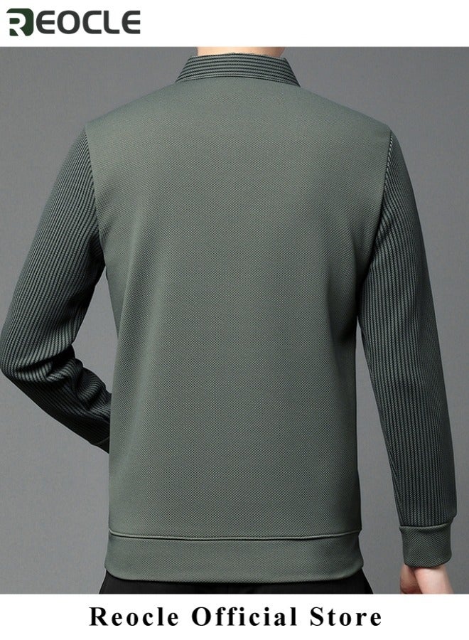 ريوكل قميص رجالي مخطط محبوك مناسب للخريف والشتاء، قميص رسمي وغير رسمي، مكون من قطعتين، بأكمام طويلة دافئ، أخضر - Image 2