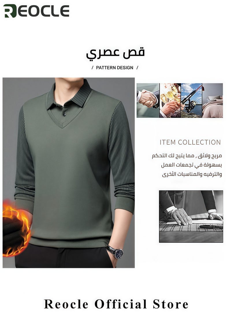 ريوكل قميص رجالي مخطط محبوك مناسب للخريف والشتاء، قميص رسمي وغير رسمي، مكون من قطعتين، بأكمام طويلة دافئ، أخضر - Image 3