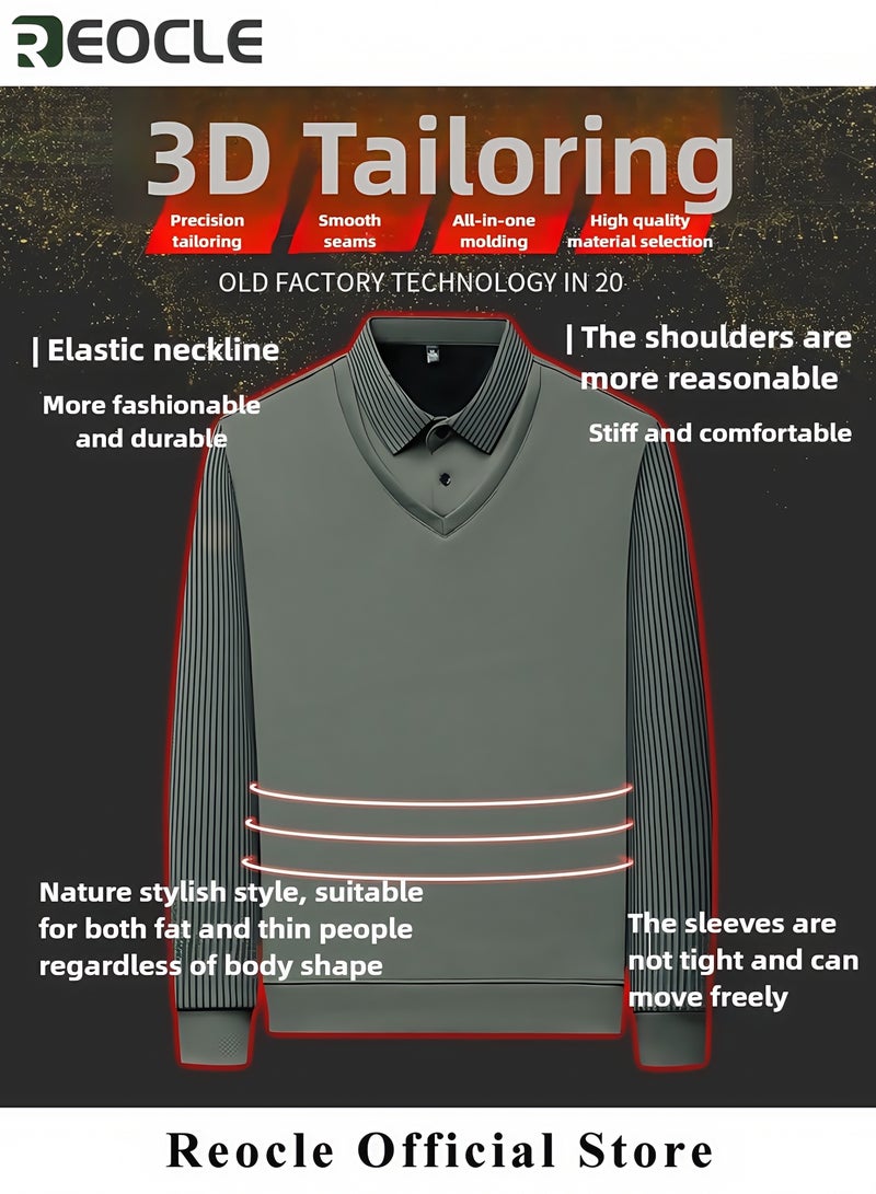 ريوكل قميص رجالي مخطط محبوك مناسب للخريف والشتاء، قميص رسمي وغير رسمي، مكون من قطعتين، بأكمام طويلة دافئ، أخضر - Image 4