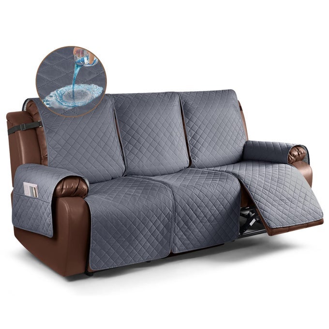 WATERPROOF RECLINER SOFA COVER NONSLIP RECLINING COUCH COVERS FOR 3 SEAT RECLINER COUCH COVER FURNITURE PROTECTOR WITH ELASTIC STRAPS FOR PETS KIDS DARK GRAY