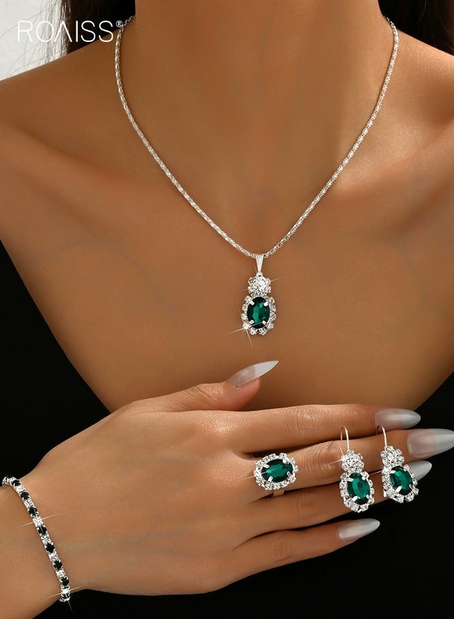 roaiss 4Pcs Crystal Bridal Wedding Jewelry Set, Green and Silver Bridal Teardrop Pendant Necklace Ring Dangle Earrings Bracelet Set, Birthday Mothers Day Jewellery Gift for Women/Mom/Wife - Image 2