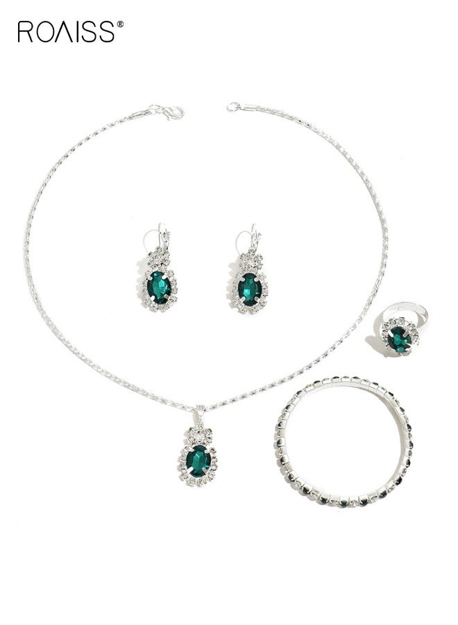 roaiss 4Pcs Crystal Bridal Wedding Jewelry Set, Green and Silver Bridal Teardrop Pendant Necklace Ring Dangle Earrings Bracelet Set, Birthday Mothers Day Jewellery Gift for Women/Mom/Wife - Image 4