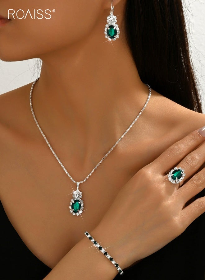 roaiss 4Pcs Crystal Bridal Wedding Jewelry Set, Green and Silver Bridal Teardrop Pendant Necklace Ring Dangle Earrings Bracelet Set, Birthday Mothers Day Jewellery Gift for Women/Mom/Wife - Image 1