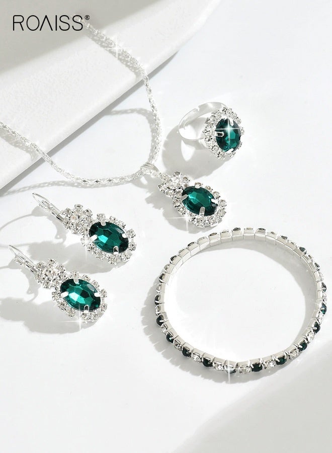 roaiss 4Pcs Crystal Bridal Wedding Jewelry Set, Green and Silver Bridal Teardrop Pendant Necklace Ring Dangle Earrings Bracelet Set, Birthday Mothers Day Jewellery Gift for Women/Mom/Wife - Image 3