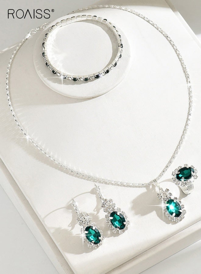 roaiss 4Pcs Crystal Bridal Wedding Jewelry Set, Green and Silver Bridal Teardrop Pendant Necklace Ring Dangle Earrings Bracelet Set, Birthday Mothers Day Jewellery Gift for Women/Mom/Wife - Image 5