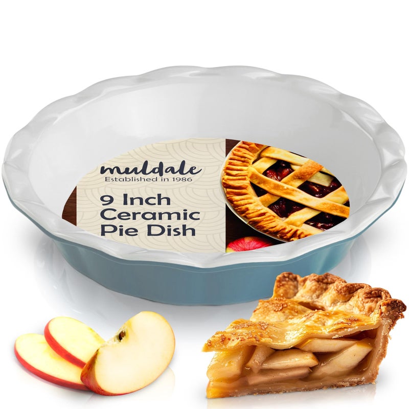 Muldale Ceramic Pie Dish 9 inch  23cm Crumble Dish for Baking  Lead Free Crinkle Rim Fruit Pie Dishes for The Oven  Ceramic Bakeware  Grey Blue