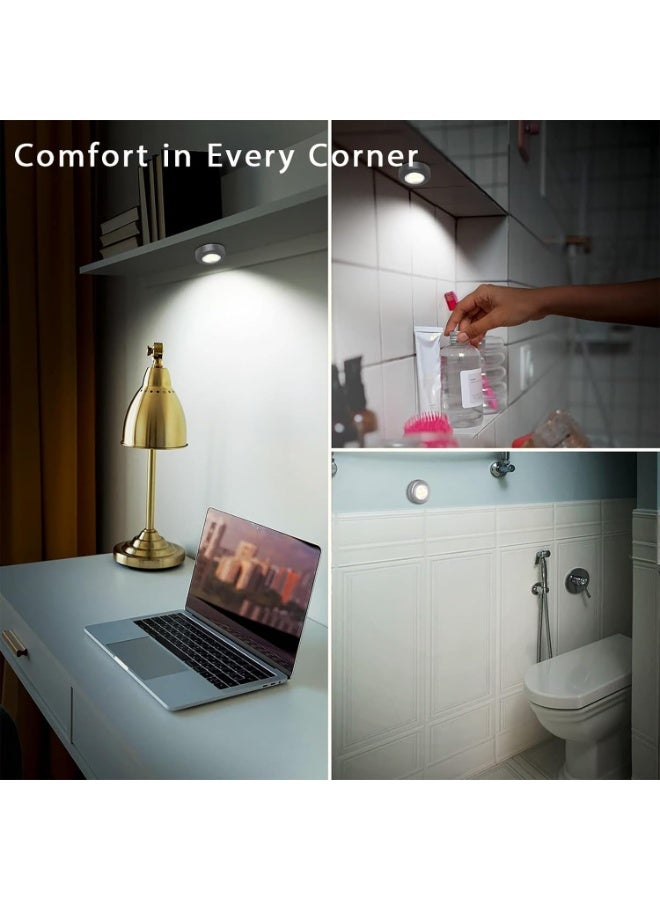 Mini LED Puck Lights, Cordless Battery Powered Under Cabinet Tap Push Lights, Warm Lighting, White, 4 Pack - Image 2