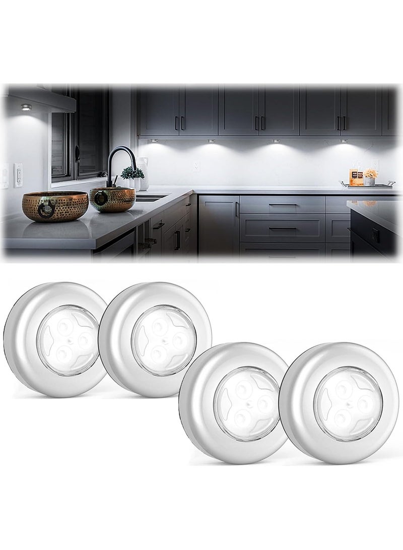 Mini LED Puck Lights, Cordless Battery Powered Under Cabinet Tap Push Lights, Warm Lighting, White, 4 Pack - Image 1