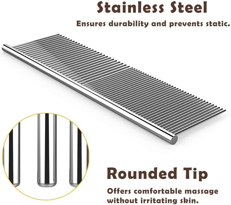HEVIR Stainless Steel Pet Grooming Comb - Flat Comb for All Breeds and Sizes | Dematting Tool with Rounded Teeth and Non-Slip Grip Handle | Ideal for Dogs, Cats, Puppies, Rabbits - Prevents Knots - Image 4