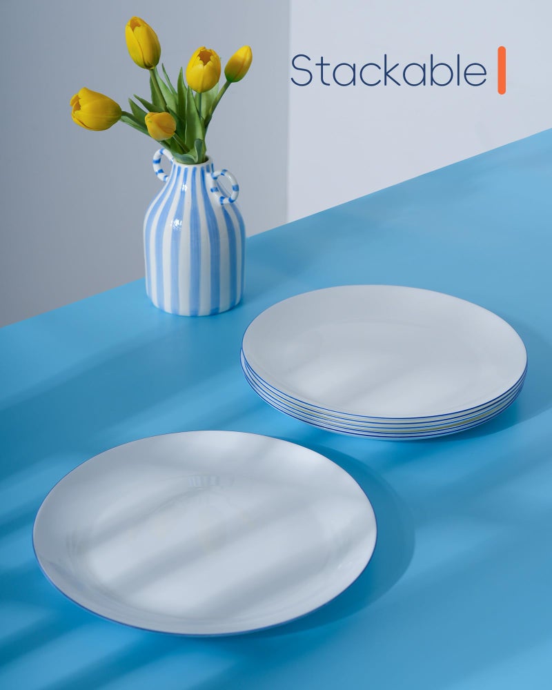 LaGlint 10.5 inch Dinner Plate Set of 6, Lightweight Round Opal Glass Dinnerware Plates, Dishwasher and Microwave Safe, Hand Painted Navy Blue Rim - Image 5