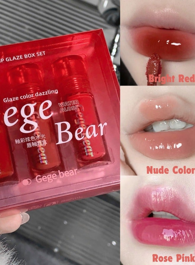 Gege bear 3Pcs lip glaze set, non-stick water-glossy mirror lip glaze, natural moisturizing - bright red, rose pink, nude - Image 2