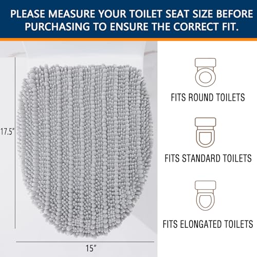 Arotive Soft Chenille Bathroom Toilet Lid Cover 17.5x15, Machine Washable Seat Covers, Stays in Place Non-Slip Backing, Fits Most Round, Elongated and Oblong Lids, Accessories Decor, Light Grey - Image 2