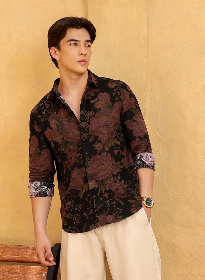 CAHOOT Men's Black Printed Regular Shirt For Casual Wear | Collared Neck | Long Sleeve | Button Closure | Cotton Shirt Crafted With Comfort Fit For Everyday Wear