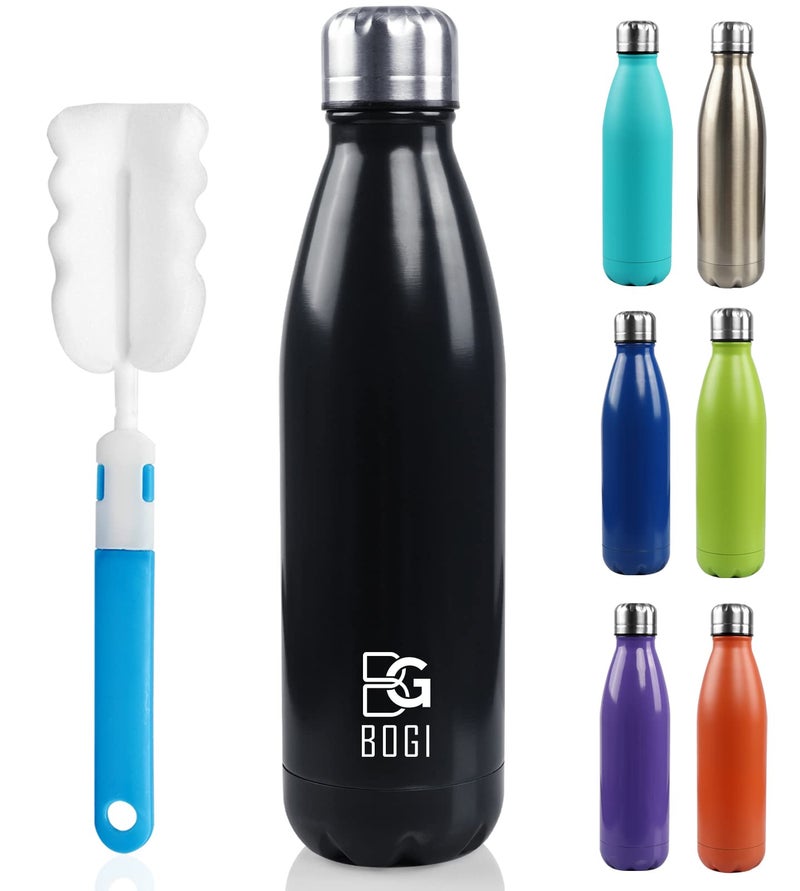 BOGI Insulated Water Bottle, 17oz Stainless Steel Water Bottles, Leak Proof Sports Metal Water Bottles Keep Drink Cold for 24 Hours and Hot for 12 Hours BPA Free kids water bottle for School (Black) - Image 1