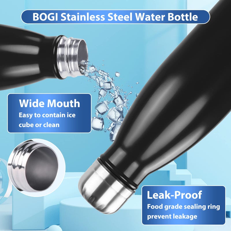 BOGI Insulated Water Bottle, 17oz Stainless Steel Water Bottles, Leak Proof Sports Metal Water Bottles Keep Drink Cold for 24 Hours and Hot for 12 Hours BPA Free kids water bottle for School (Black) - Image 5