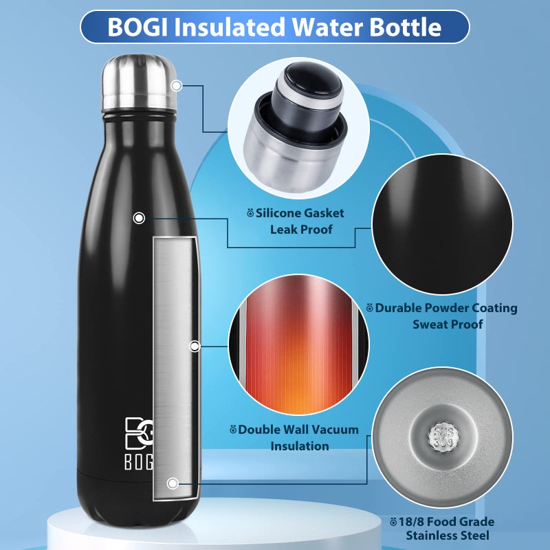 BOGI Insulated Water Bottle, 17oz Stainless Steel Water Bottles, Leak Proof Sports Metal Water Bottles Keep Drink Cold for 24 Hours and Hot for 12 Hours BPA Free kids water bottle for School (Black) - Image 3