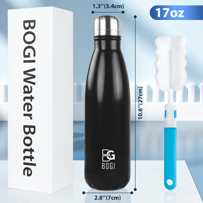 BOGI Insulated Water Bottle, 17oz Stainless Steel Water Bottles, Leak Proof Sports Metal Water Bottles Keep Drink Cold for 24 Hours and Hot for 12 Hours BPA Free kids water bottle for School (Black) - Image 2