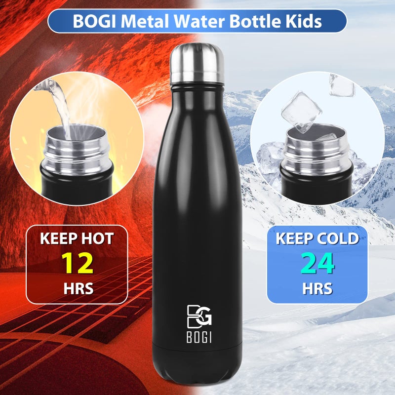 BOGI Insulated Water Bottle, 17oz Stainless Steel Water Bottles, Leak Proof Sports Metal Water Bottles Keep Drink Cold for 24 Hours and Hot for 12 Hours BPA Free kids water bottle for School (Black) - Image 4