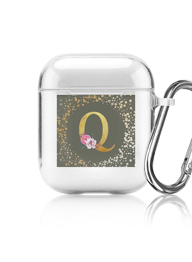 Stylizedd Classic Clear printed Case for Apple Airpods 2 / 1 Soft TPU Gel Thin Transparent Flexible Cover - Custom Monogram Initial Letter Floral Pattern Alphabet - Q (Olive Green ) - Image 1