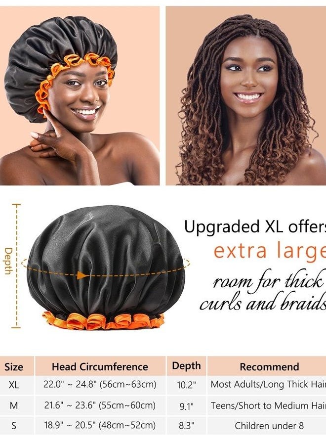 mikimini Extra Large Black Shower Cap for Women and Men Thick Long Hair Braids, Reusable Waterproof Double Layers XL Bathing Hair Caps with Vibrant Orange Edge (Black)  - Image 3