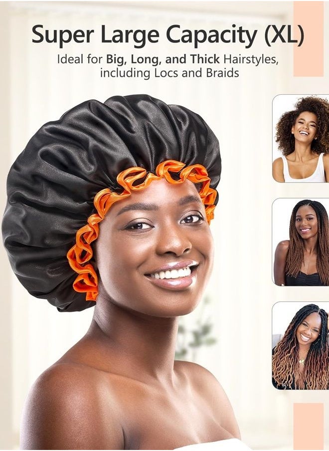 mikimini Extra Large Black Shower Cap for Women and Men Thick Long Hair Braids, Reusable Waterproof Double Layers XL Bathing Hair Caps with Vibrant Orange Edge (Black)  - Image 2