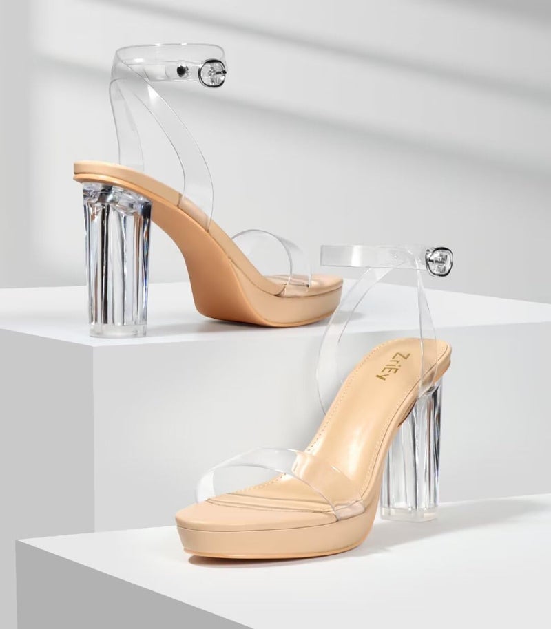 ZriEy 4-Inch Platform Clear High Heels for Women Block Chunky Heeled Sandals Open Toe Ankle Strap Heels Wedding Party Evening Prom Dress Pump Sandals Shoes Nude Clear Size 7 - Image 2