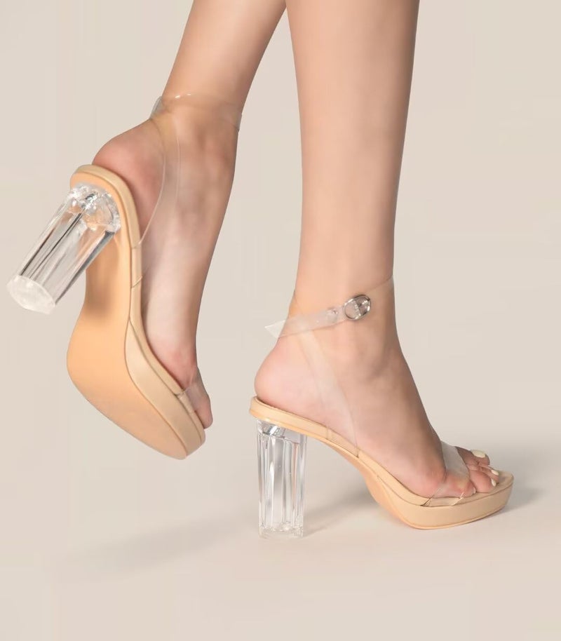 ZriEy 4-Inch Platform Clear High Heels for Women Block Chunky Heeled Sandals Open Toe Ankle Strap Heels Wedding Party Evening Prom Dress Pump Sandals Shoes Nude Clear Size 7 - Image 5