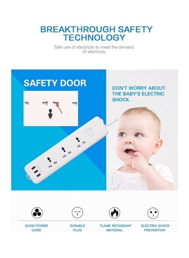 NIBEMINENT Multi Outlet Socket with 3 USB Port And 2-Meter Long Cord White  - Image 3