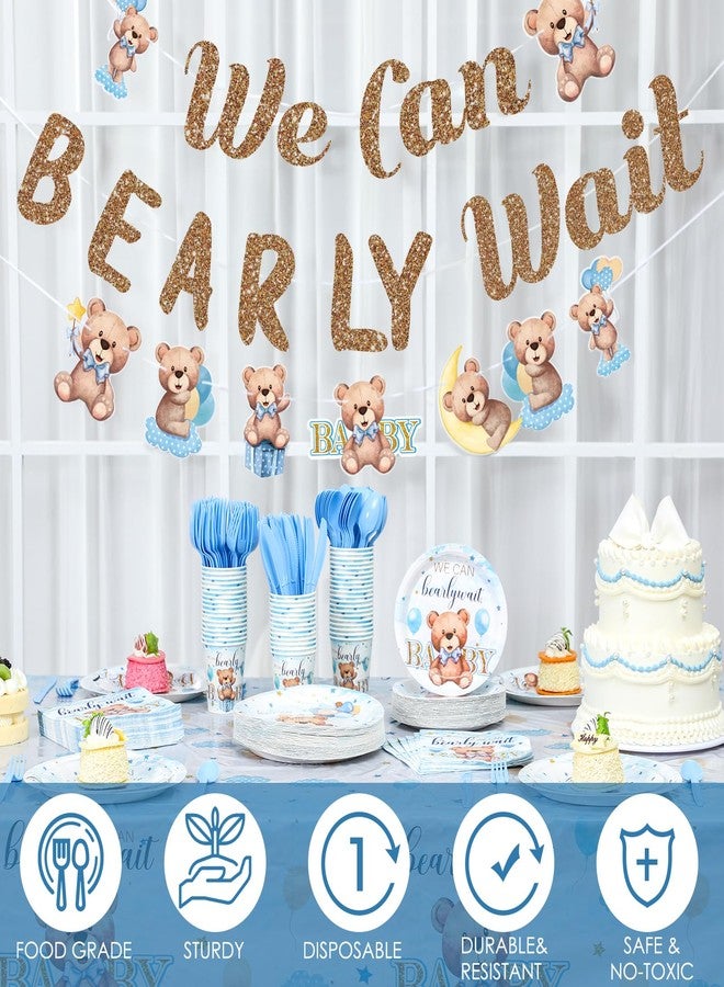 Yiyiring 405 Pcs Baby Shower Tableware Set It's a Boy Blue Bear Decoration We Can Bearly Wait Baby Shower Plates and Napkins Supplies Include Tablecloth Banner Cups for 50 Guests Blue Spring Theme - Image 2